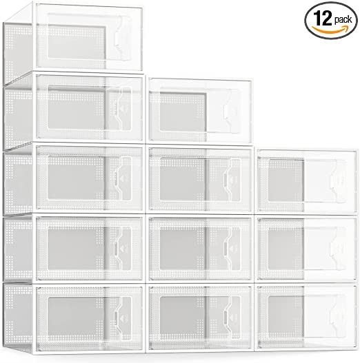 SEE SPRING 12-Pack Shoe Organizer, Clear Plastic Stackable Shoe Organizer for Closet, Space Saving Collapsible Shoe Sneaker Container Box Holder