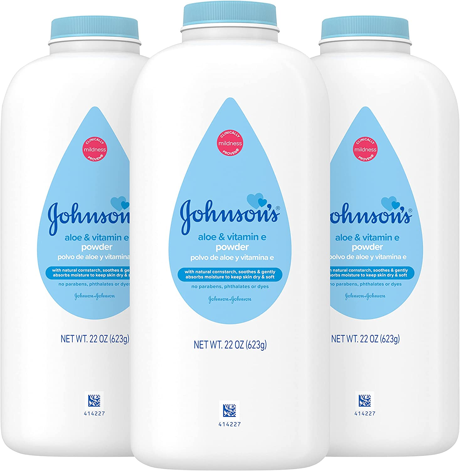 Johnson's Baby Powder, pure cornstarch, aloe Vera and Vitamin E,22 oz. (3-pack)- Packaging may vary