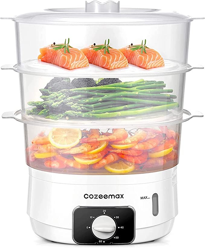 Cozeemax 13.7QT Electric Food Steamer for Cooking, 3 Tier Vegetable Steamer for Fast Simultaneous Cooking, 60 Minute Timer, BPA Free Baskets, 800W