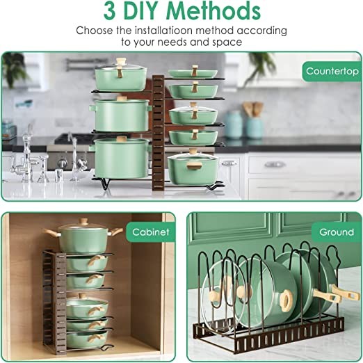 G-TING Pot Rack Organizer, 8-Tier Pot and Pan Organizer for Kitchen Organization and Storage, Adjustable Pot Lid Holder and Pan Rack, Pot Lid Organizer, 3 DIY Ways (Bronze)
