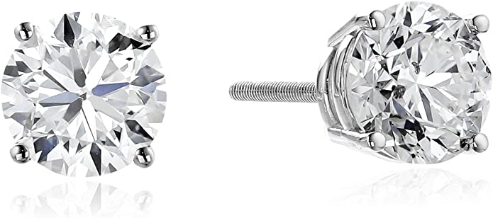 Amazon Collection IGI Certified Round Cut Diamond 4 Prong Stud Earrings in 18k White Gold (2 ct, H-I Color, SI1-SI2 Clarity)