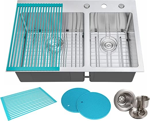 33 Inch Drop In Topmount Stainless Steel Kitchen Sink Package 16 Gauge Double 60/40 Bowl Basin w/ 9 Gauge Deck - Complete Sink Pack