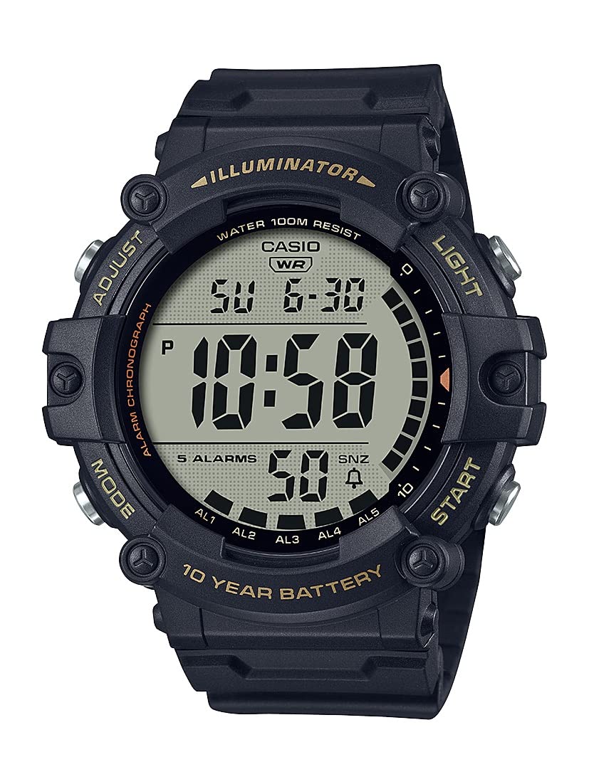 Illuminator Extra Long Strap 10-Year Battery 100 M Water Resistant 5-Alarm w/Countdown Timer Men's Digital Watch, Black, AE-1500WHX-1AVCF