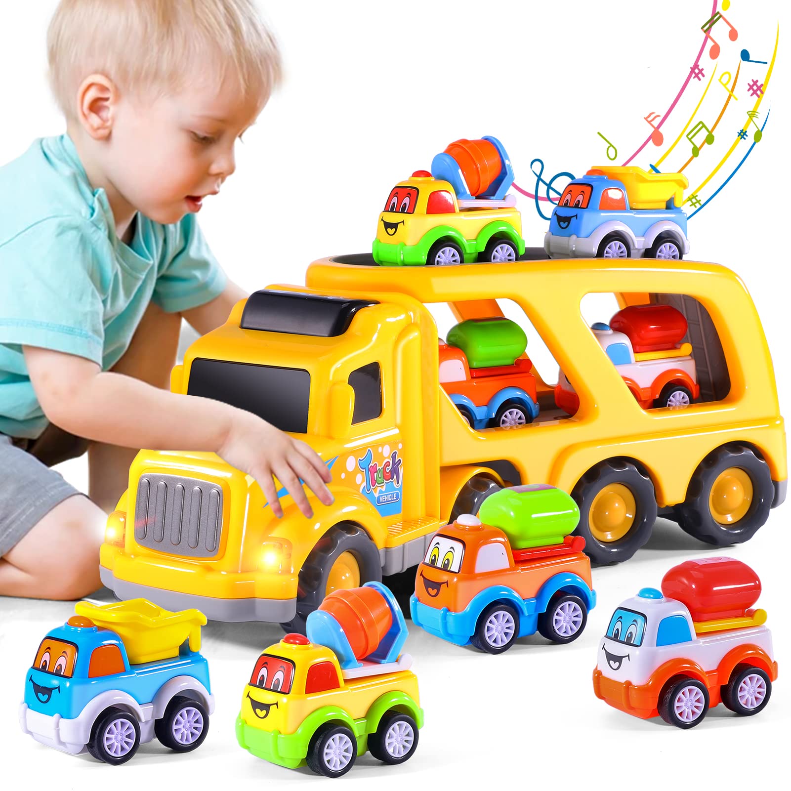 iHaHa Toy Trucks Car for 1 2 3 4 5 Year Old Toddlers Boys, 5 in 1 Carrier Truck Car Construction Vehicles Toys for Kids Boys Girls Toddlers Christmas Birthday Gifts, Car Trucks Toys with Light Sound