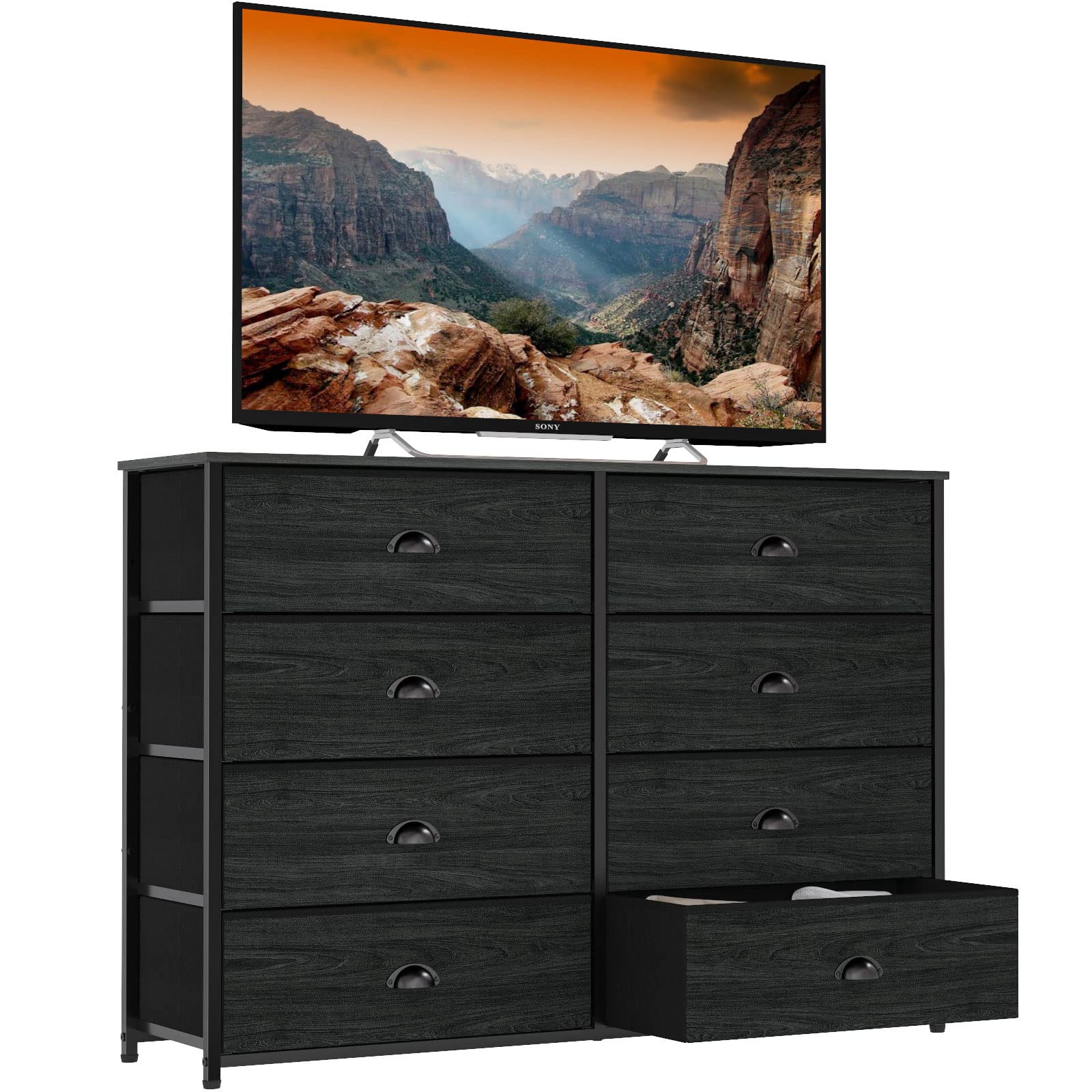Furnulem Dresser TV Stand for Bedroom 40'' Long,Black Dressers with 8 Wide Drawers, Storage Chest of Drawer in Closet, Nursery,Kids Room, Living Room Furniture-Black Oak