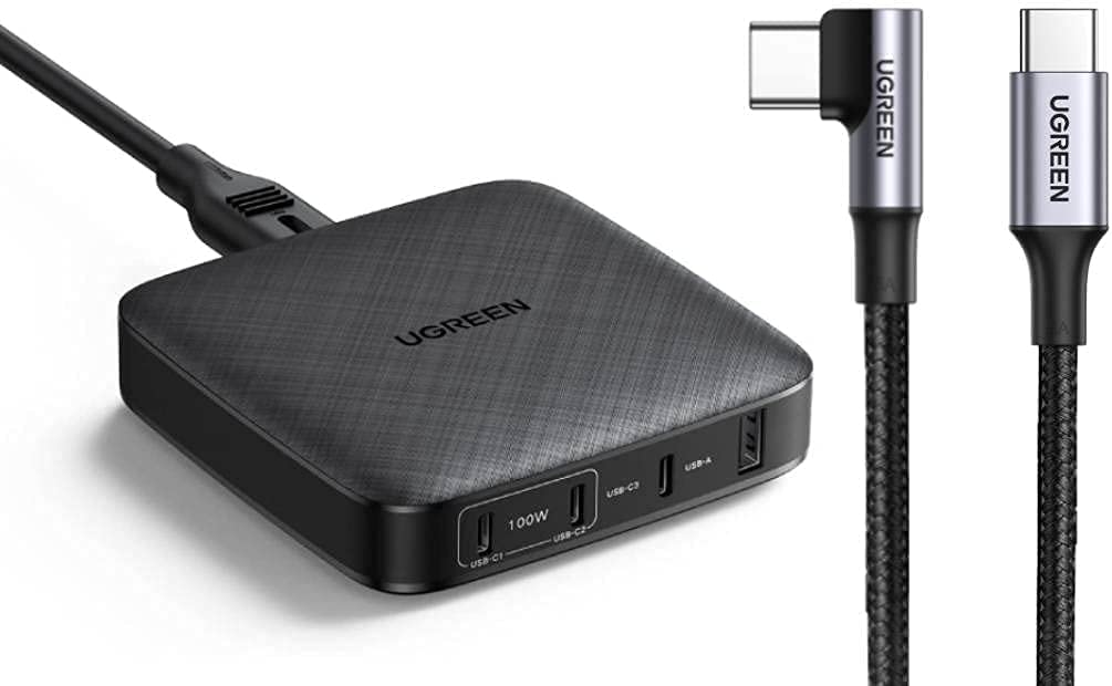         [Bundle] UGREEN 100W USB C Desktop Charger + UGREEN USB C to USB C Cable 100W Fast Charging 10FT Right Angle Compatible for MacBook Pro Air iPad Pro 2020 Chromebook Galaxy S21 S20 Note 20 Dell