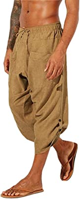 Mens Yoga Capri Pants Casual Baggy Elastic Waist Drawstring Gym Sports Cotton Boho Harem 3/4 Pants with Pockets