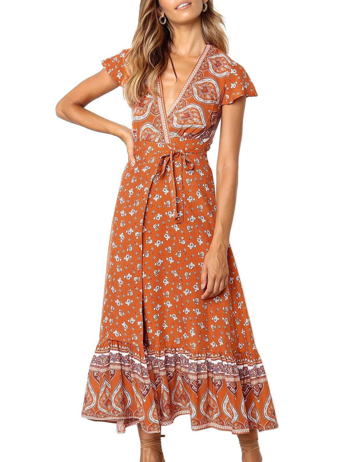 Women's 2023 Bohemian Floral Printed Wrap V Neck Short Sleeve Split Beach Party Maxi Dress