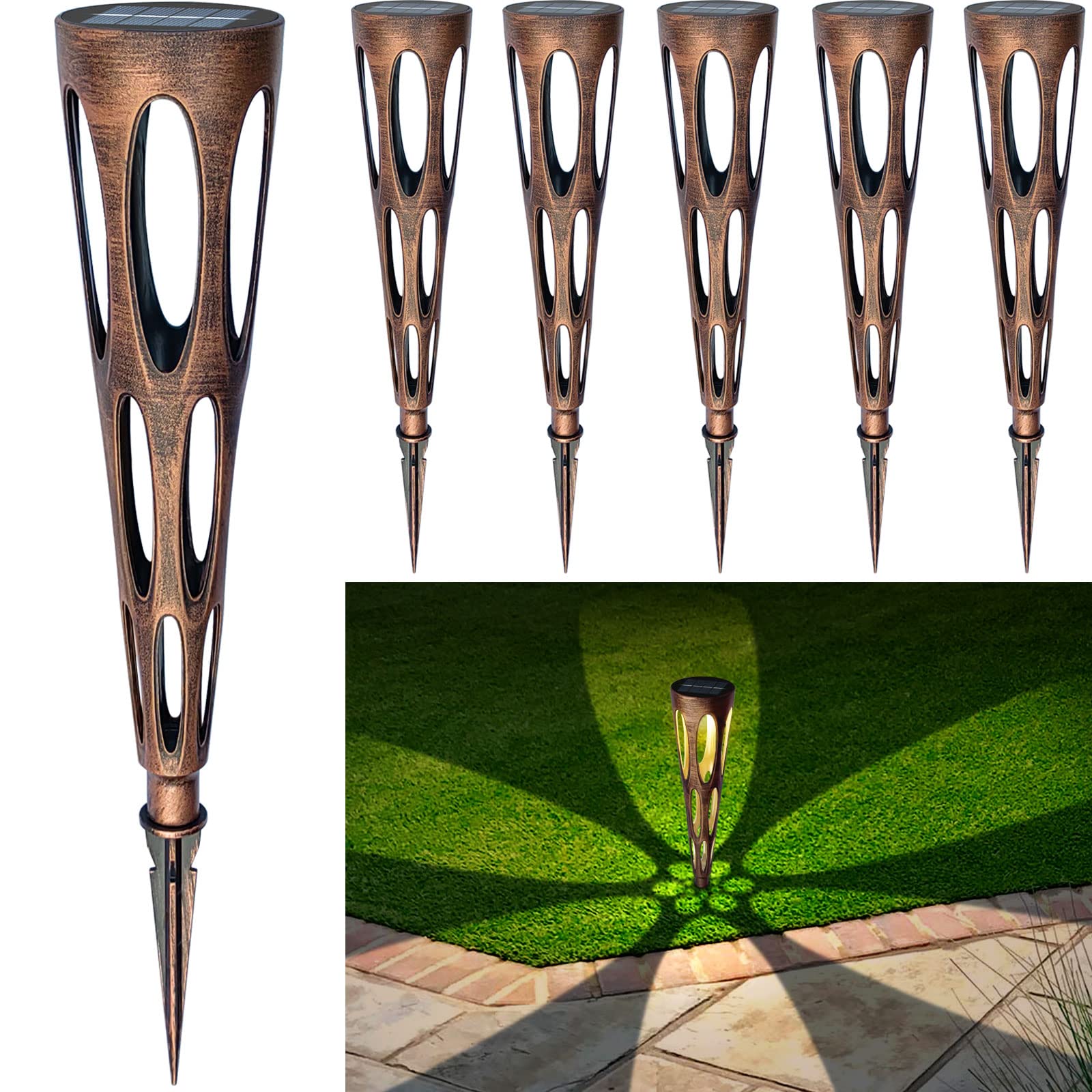 VISFLAIR Solar Pathway Lights Outdoor Decorative 6 Pack LED Waterproof Conical Garden Stakes Lights for Outside Yard, Path, Patio, Driveway Decor Landscape Lighting -Bronze
