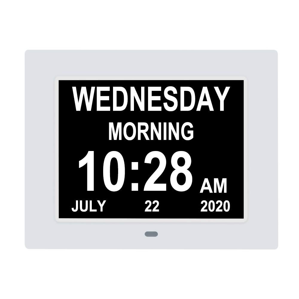 ybest 7 Inch Extra Large Non-Abbreviated Day Date & Month Digital Day Calendar Clock with Auto-Dimming 8 Alarm Reminders Dementia Clocks for Senior Elderly impaired Vision