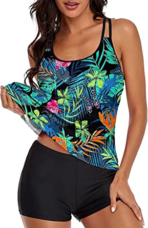          UNIQWETO Flowy Tankini Bathing Suits for Women Tummy Control Swimsuits Two Piece Swimwear Tank Top with Boyshorts        
