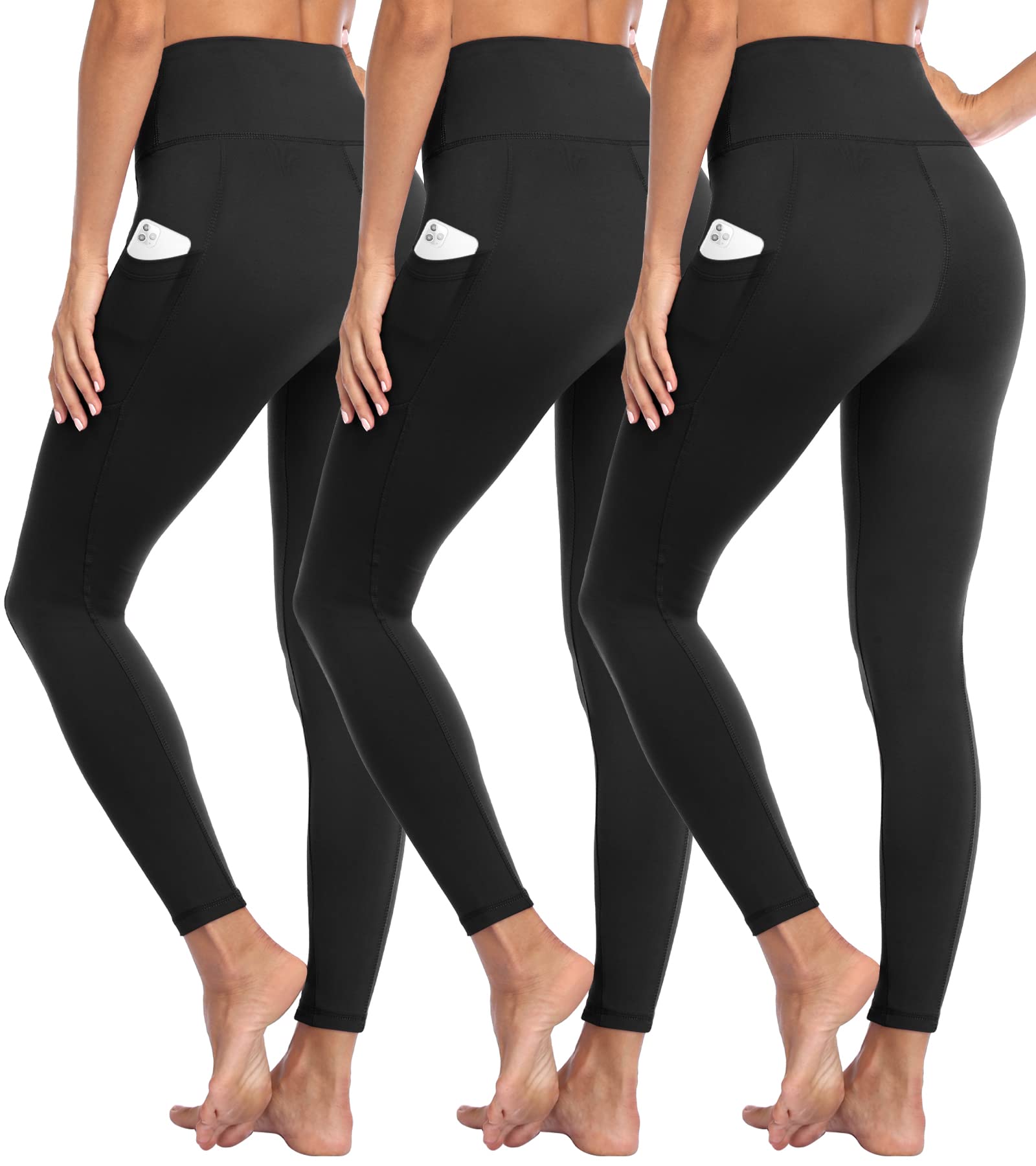 3 Pack Leggings with Pockets for Women - High Waisted Tummy Control Buttery Soft Workout Gym Yoga Pants