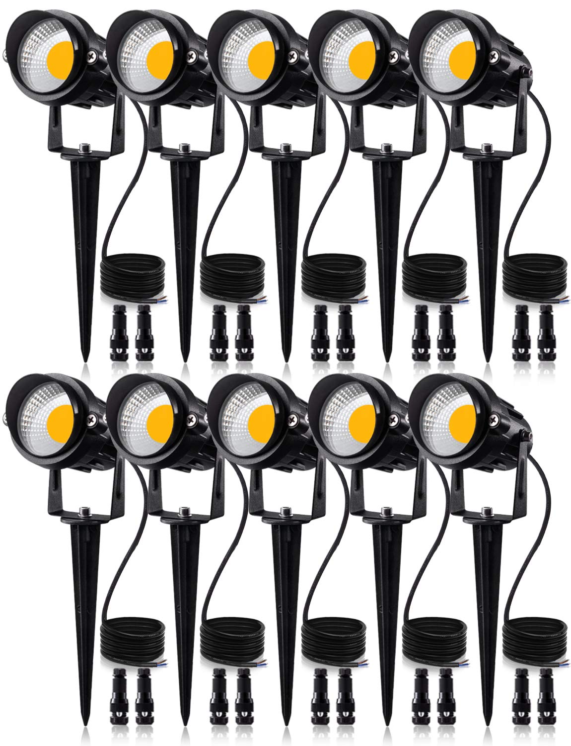 SUNVIE 12W Low Voltage LED Landscape Lights with Connectors, Outdoor 12V Super Warm White (900LM) Waterproof Garden Pathway Lights Wall Tree Flag Spotlights with Spike Stand (10 Pack with Connector)
