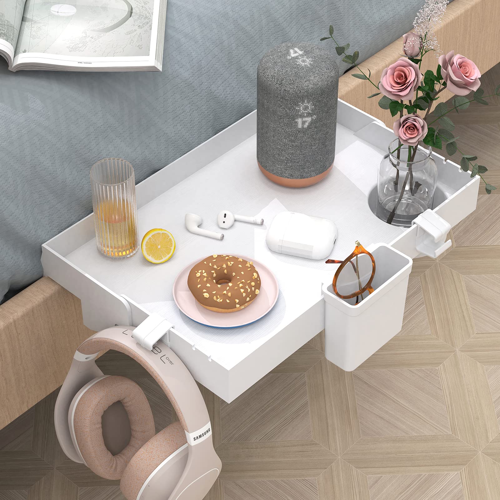 Ronlap Folding Bedside Shelf, Bunk Bed Shelf Organizer for Top Bunk Dorm Clip On Nightstand for College Dorm Loft Bed with Cup Holder Hooks Hanging Cup Plastic Bedside Shelf Tray for Kids, White