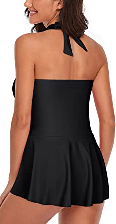          Omichic Womens Halter Tankini Swimsuits Two Piece Tummy Control Bathing Suits V Neck Swimdress with Boyshorts Swimwear        