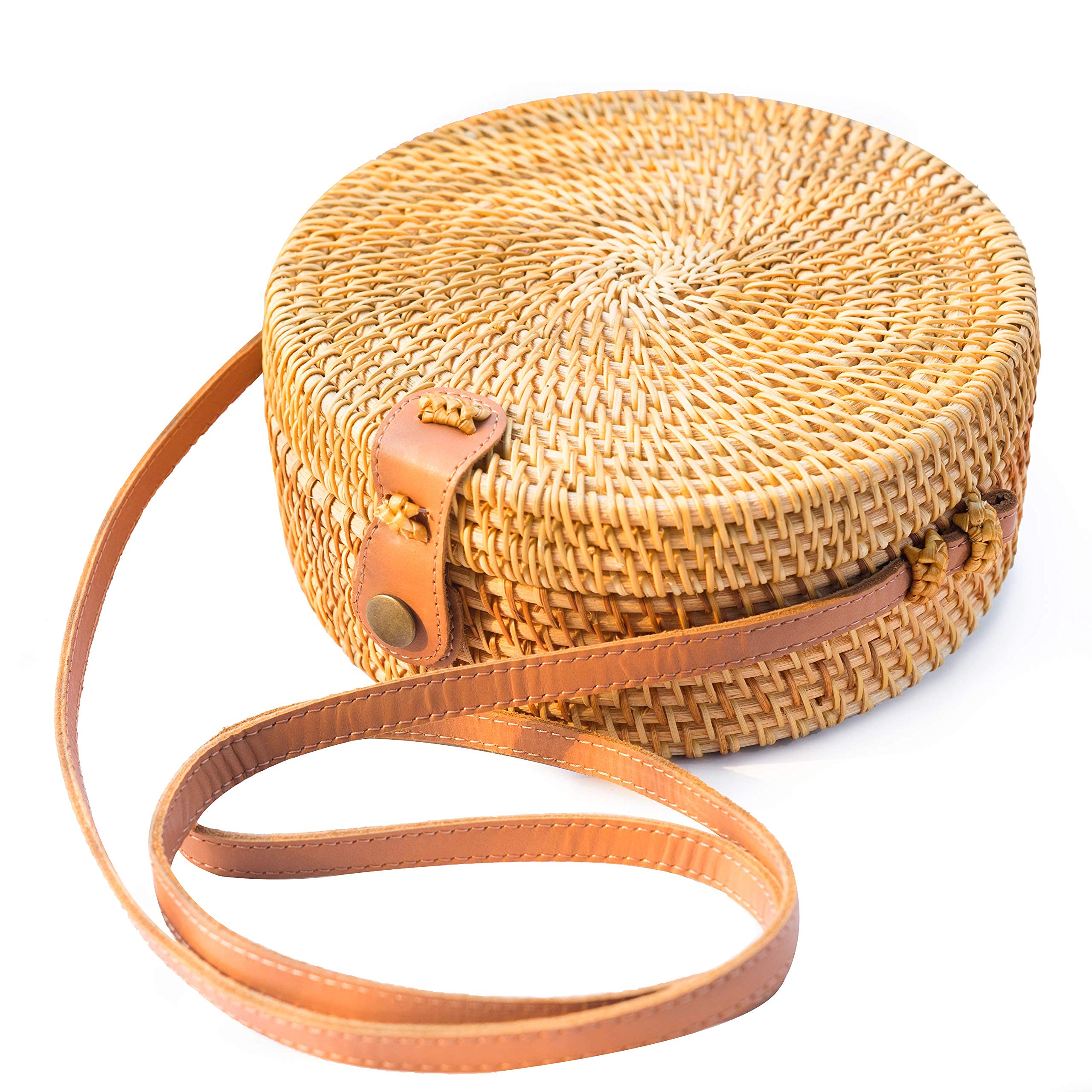 Handwoven Round Rattan Bag Shoulder Leather Straps Natural Chic Hand