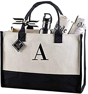 Mud Pie Classic Black and White Initial Canvas Tote Bags (A), 100% Cotton, 17" x 19" x 2"