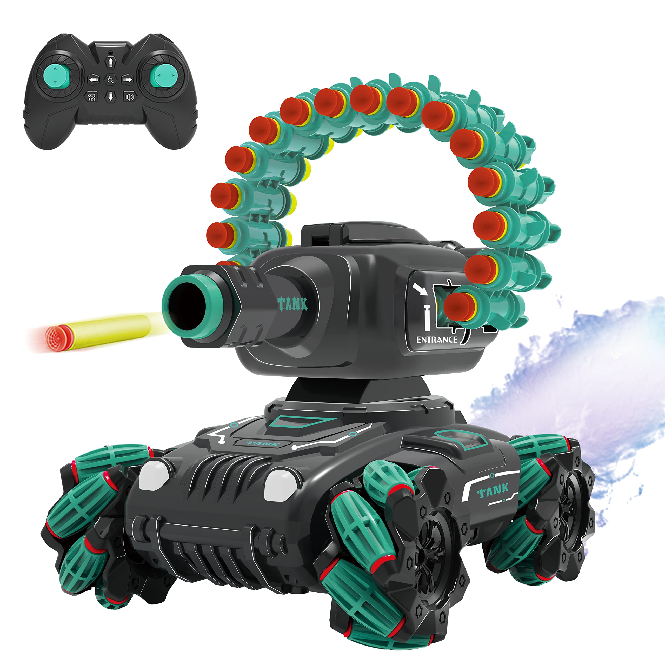 Lofowoer 4 Head RC Tank Car, Shooting Water Bullets RC Car, Kids 4WD Battle Stunt Car, Blow Bubble, Shoot Foam Darts,Water ,STEM Remote Control Car for Kids 8-14 Gifts (Single Remote Control)