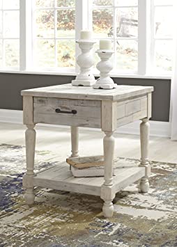          Signature Design by Ashley Shawnalore Farmhouse Solid Pine Wood End Table, Weatherworn White Finish        