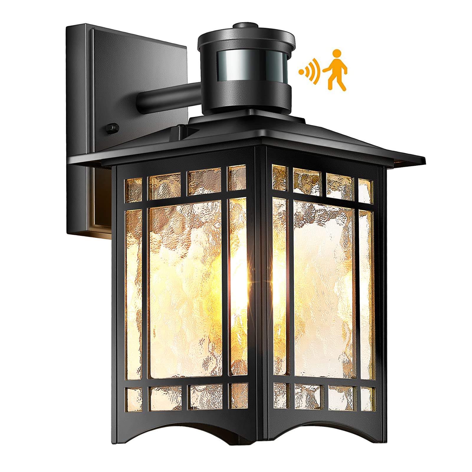 Motion Sensor Outdoor Lights Dusk to Dawn Lighting Waterproof Exterior Light Fixture Black 100% Anti-Rust Aluminum Wall Lantern with Water Ripple Glass for Porch Patio Garage Doorway Entryway Garden