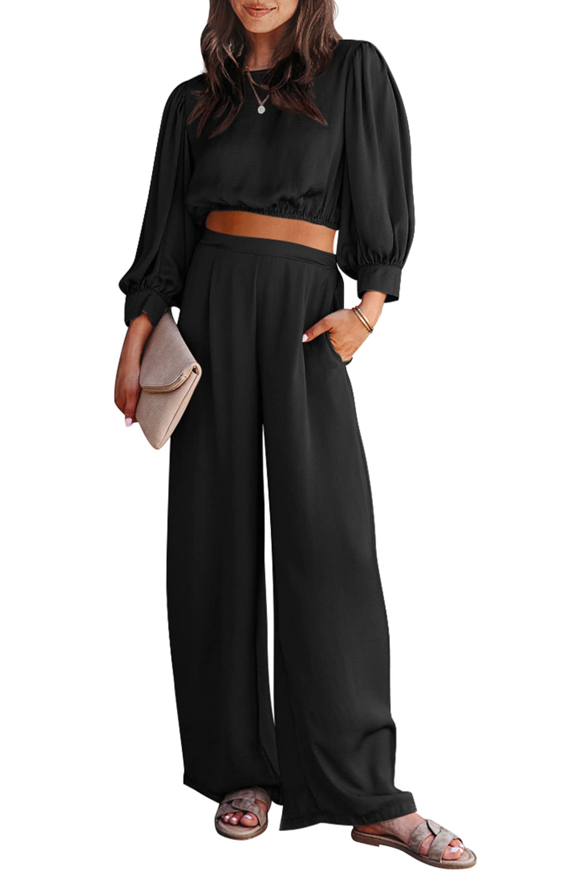 Women's 2 Piece Satin Outfits 2023 Spring Casual Puff Sleeve Crop Tops Blouse and Long Palazzo Pants Set