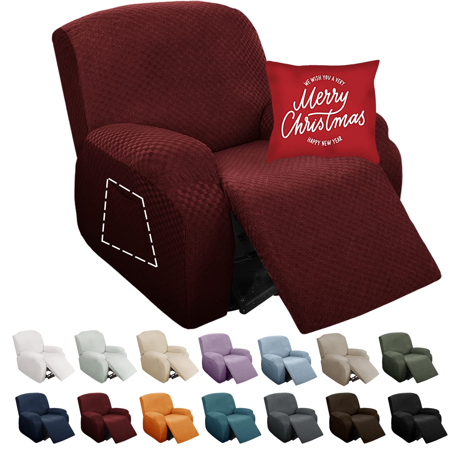 YEMYHOM 4 Pieces Stretch Recliner Slipcover Latest Jacquard Recliner Chair Cover with Side Pocket Anti-Slip Fitted Recliner Cover Couch Furniture Protector with Elastic Bottom (Recliner, Wine Red)