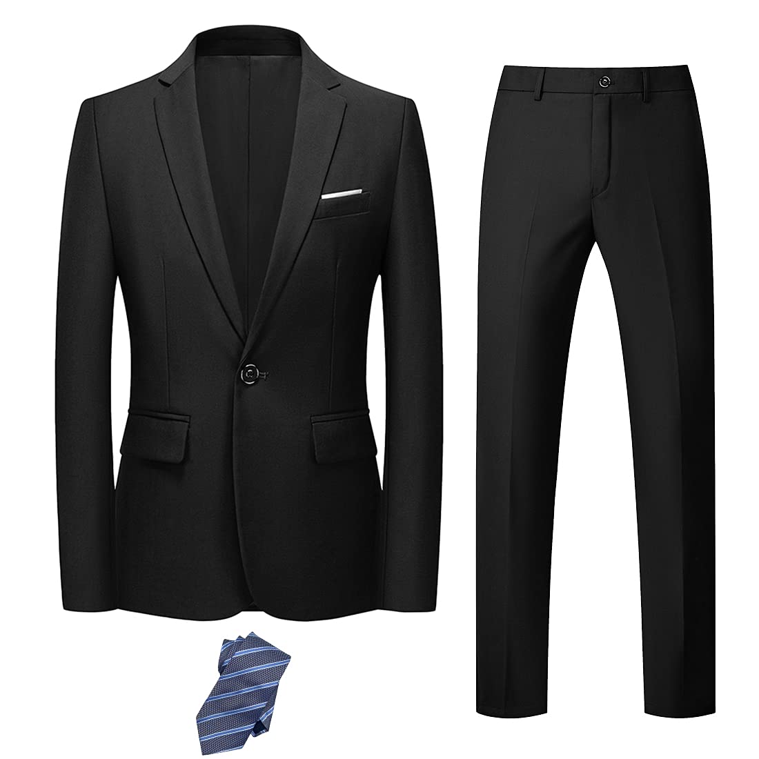 Men's Slim Fit 2 Piece Suit, One Button Solid Jacket Pants Set with Tie