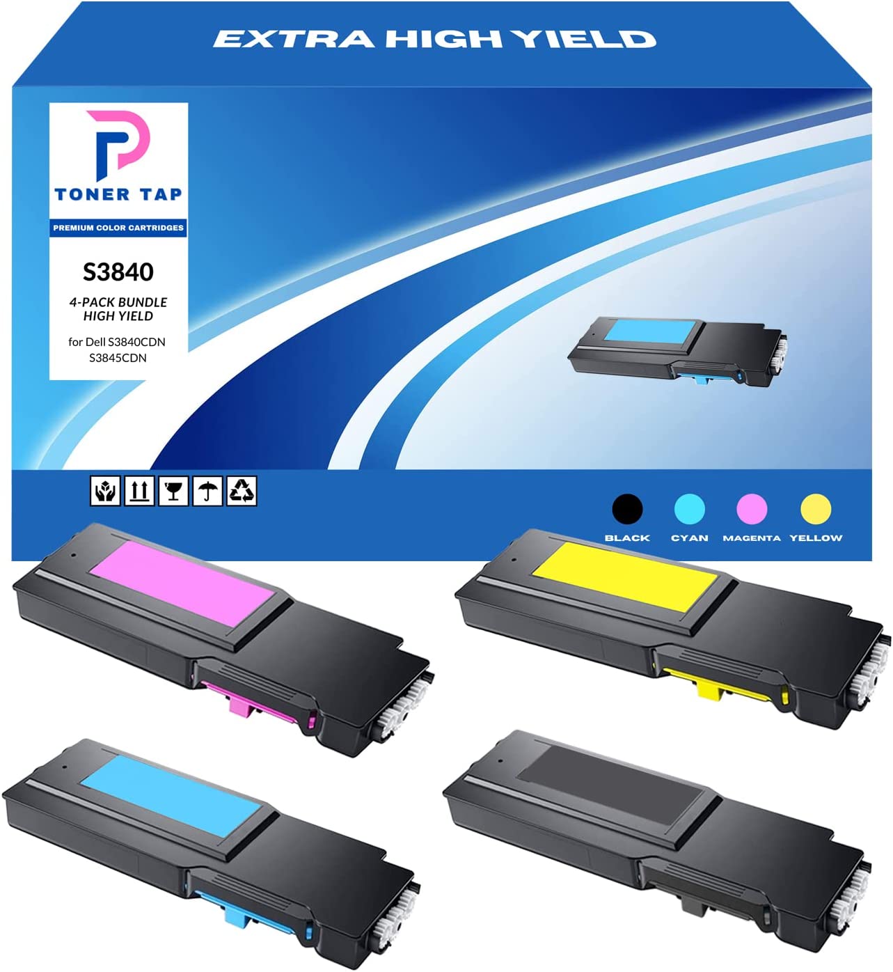         Toner Tap Extra High Yield for Dell S3840CDN S3845CDN (4-Pack Bundle) 1KTWP G7P4G C6DN5 XMHGR Compatible Cartridge Replacements       