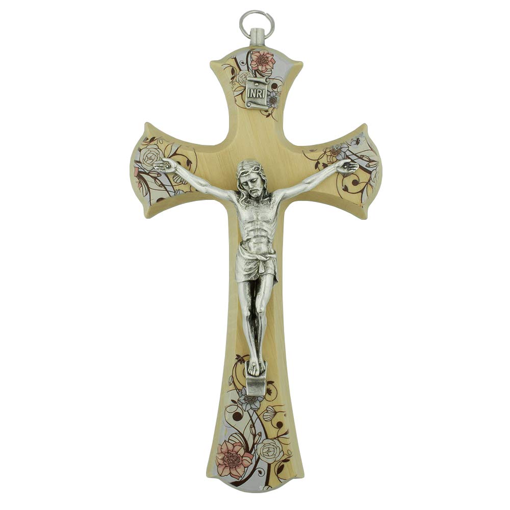 Wooden Wall Crucifix | Choose from 5 Beautiful Designs | Great Christian Gift for Weddings and Housewarmings | Home Goods | Made in Italy (6.5" Floral Cross)