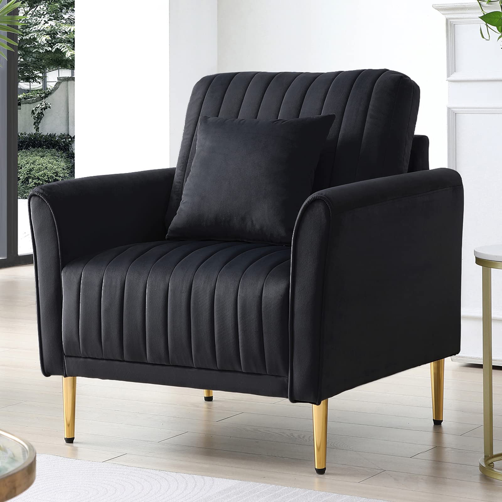 Velvet Modern Single Sofa Chair,Comfy Upholstered Accent Chair with Bolster Pillows, Golden Metal Legs, Tufted Living Room Armchair for Reading or Lounging (Black)