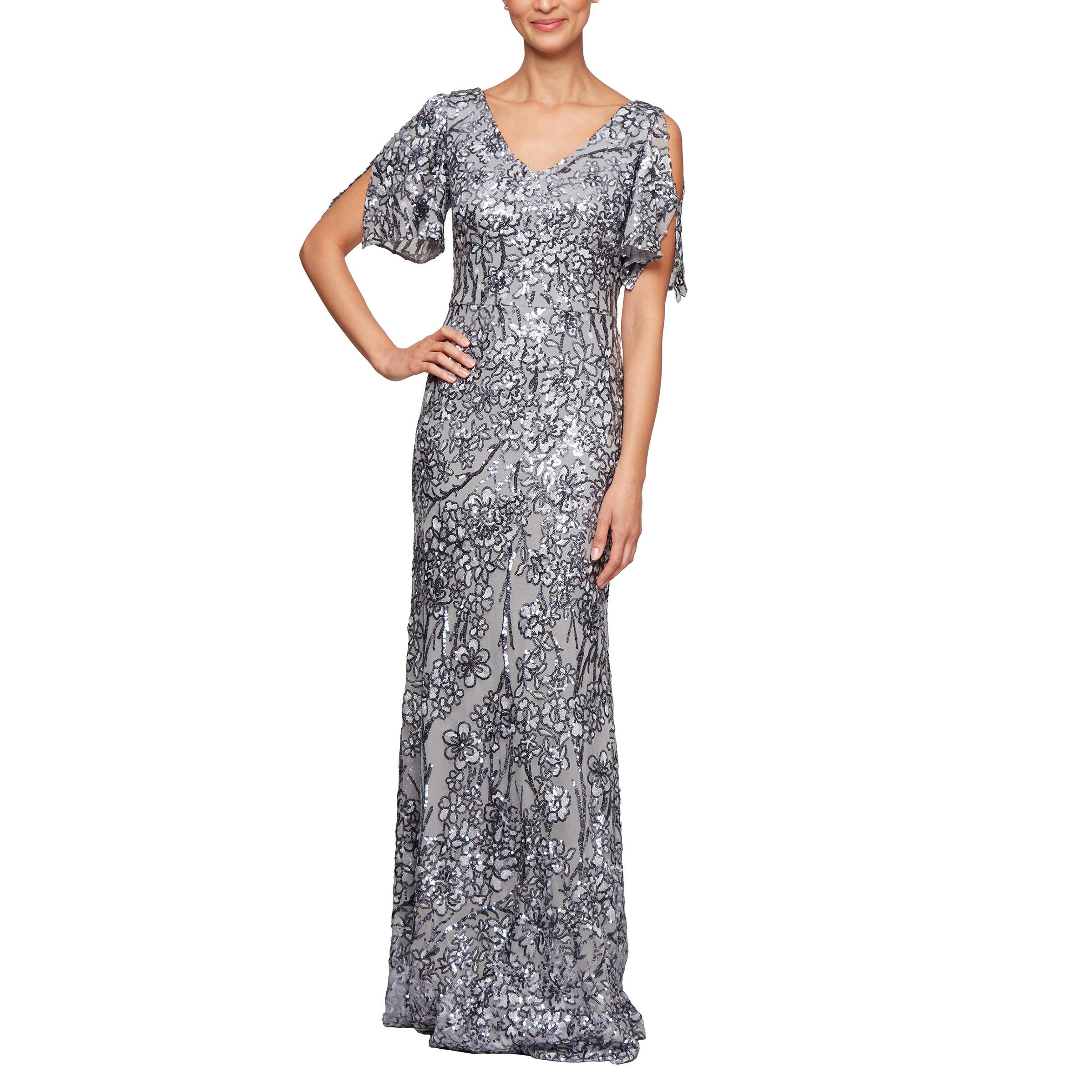 Women's Sequin Stretch Lace Cold Shoulder Gown