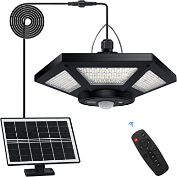          Aqonsie Solar Shed Light Indoor Outdoor Solar Powered Pendant Daytime Work Lights with 5 Lighting Modes & 3 Timers, 180LED Solar Indoor Lights Motion Sensor with Remote Control for Shed Barn 