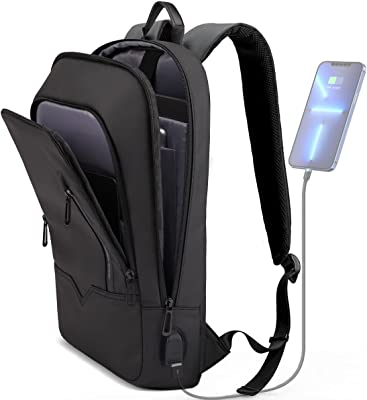 Backpack for Men Business Slim Backpack with USB Charger Computer Lightweight Anti-theft Travel Backpacks High School Mens Backpacks 15.6 inch Water Resistant Laptop Bag for Work Office College-Black