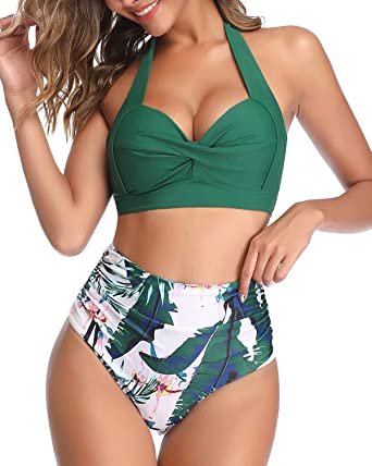          Tempt Me Women Two Piece Vintage Swimsuit Retro Halter Ruched High Waist Bikini with Bottom        
