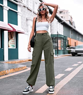          ZMPSIISA Women High Waisted Cargo Pants Wide Leg Casual Pants 6 Pockets Combat Military Trousers        