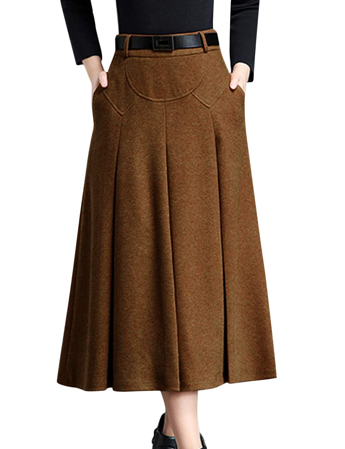 Womens Winter High Waist A-Line Pleated Wool Midi Skirt with Belt Loops