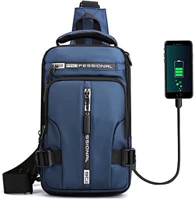 Waterproof Sling Bag Crossbody Backpack for Men Women Multipurpose Waist Pack with USB Charging Port for Hiking Walking Blue