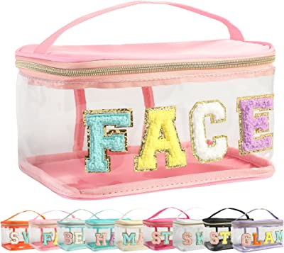 Preppy Clear Chenille Letter Makeup Bags Women for Travel, Portable Cosmetic Bag with Handle Zipper,Transparent PVC Nylon Waterproof Toiletry Pouch Girl for Valentines Day Gifts