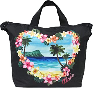 Aloha Sunrise HAWAII EXCLUSIVE Easy Carry Tote Crossbody + Top Handle Handbag, Style 2431/Color K586, Placement Print - Vibrant Tropical Lei Flowers & Palm Trees, Aloha Printed Front & Back