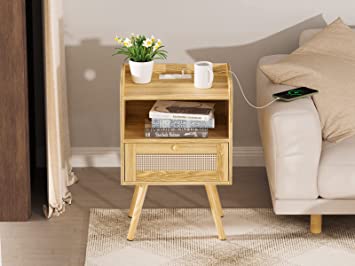          SUPERJARE Nightstand with Charging Station & Rattan-Like Decor Drawer, Rattan End Table with Solid Wood Feet, Bed Side Table with Open Storage, for Bedroom, Living Room, Dormitory - Natural  
