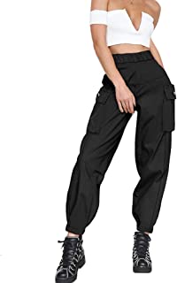 Women's Cargo Pants, Casual Outdoor Solid Color Elastic High Waisted Baggy Jogger Workout Pants with Pockets