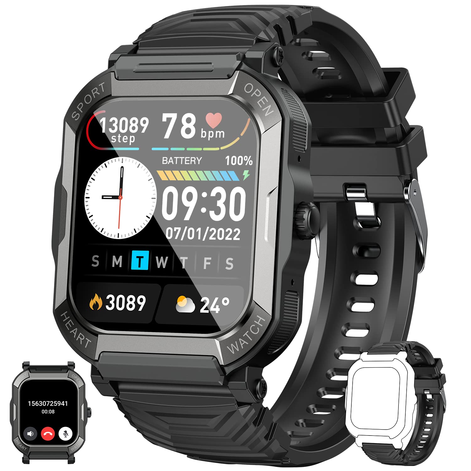 Smart Watch for Men Fitness Tracker: (Make/Answer Call) Bluetooth Military Smartwatch for Android Phones iPhone Waterproof Outdoor Tactical Digital Sport Run Watches Blood Pressure Heart Rate Monitor
