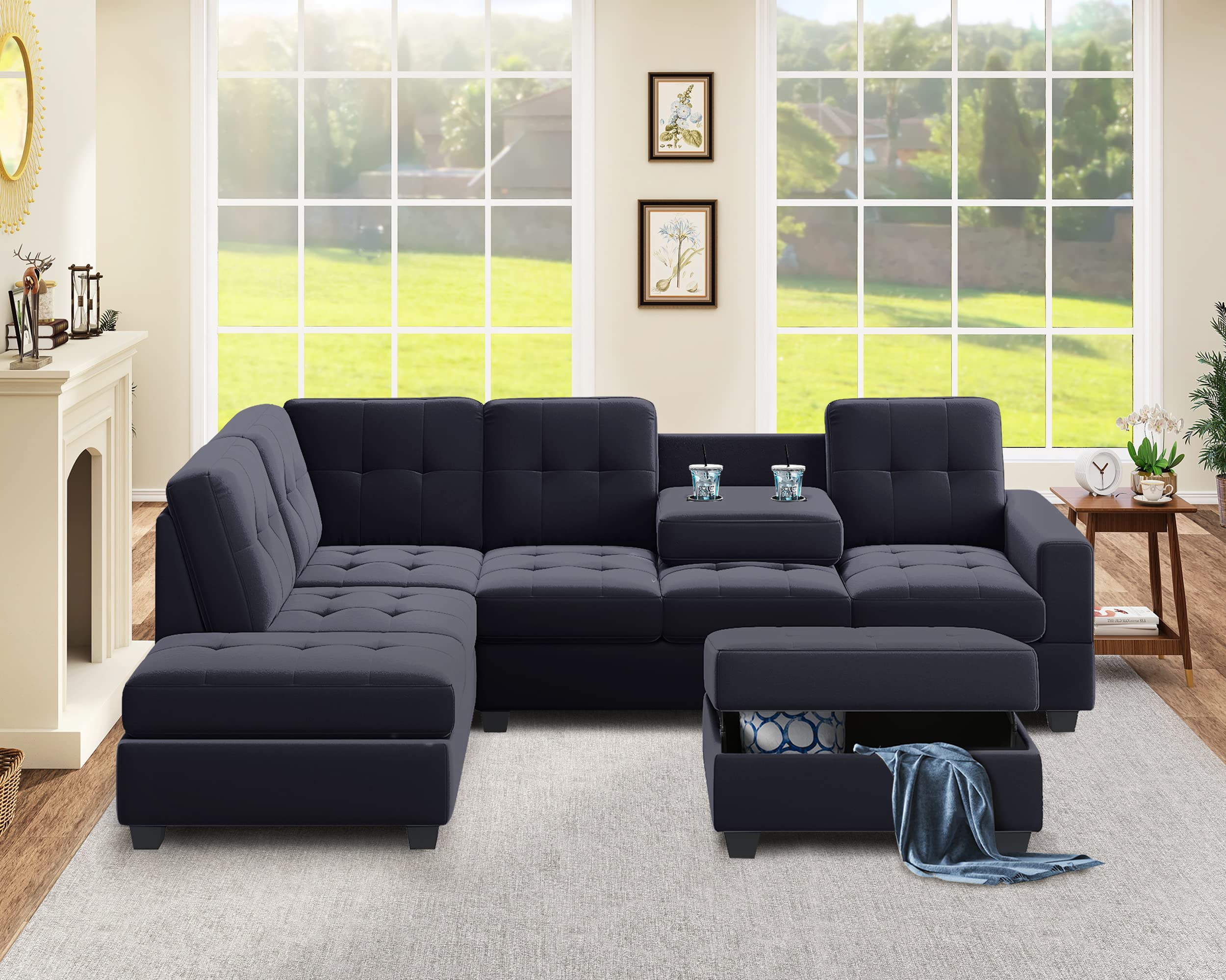 ERDAYE 2023 Microfiber Suede Upholstered Sectional Sofa W/ 2 Cup Holders L-Shaped Tufted Cushion Corner Couch with Storage Ottoman & Reversible Chaise Lounge for Living Room Furniture Sets, Black