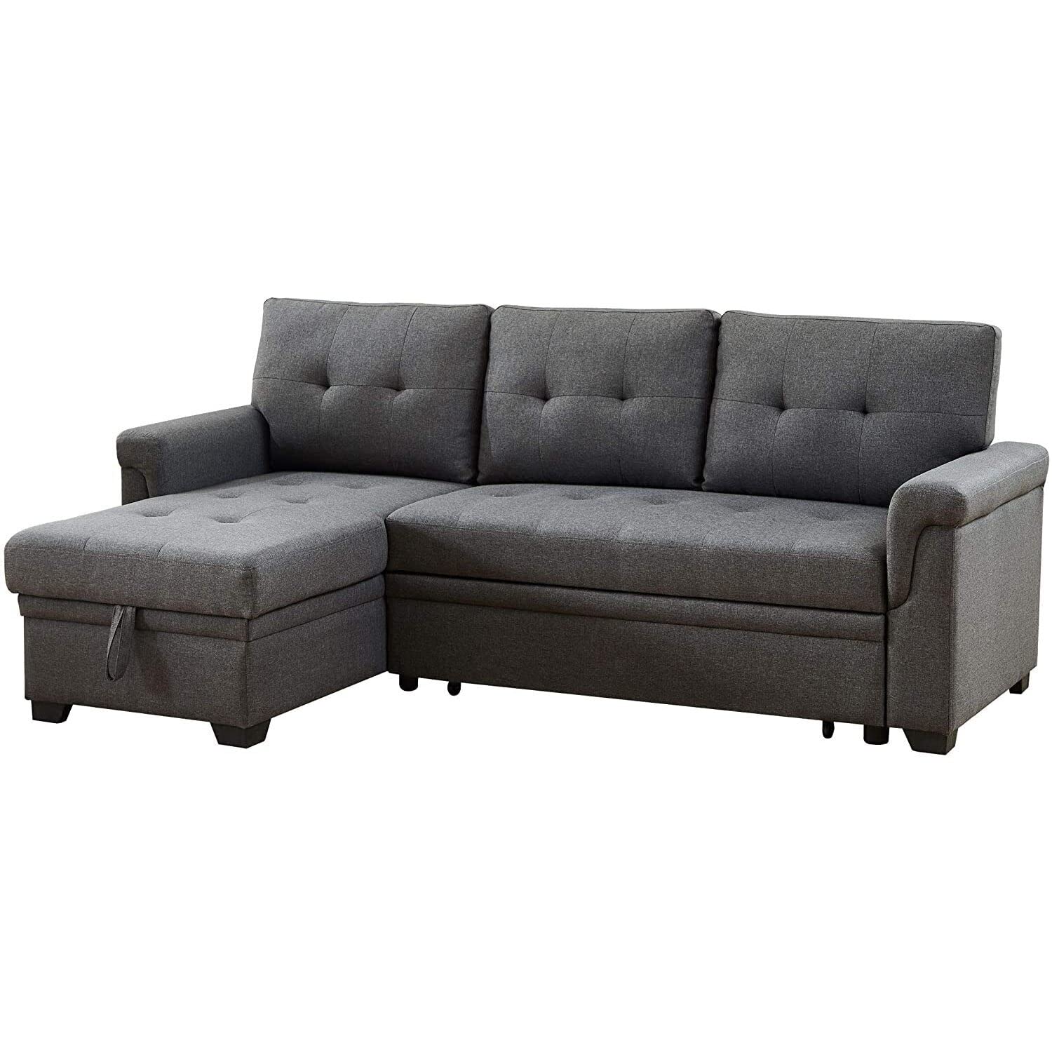 Lilola Home Linen Reversible Sleeper Sectional Sofa with Storage Chaise, Dark Gray