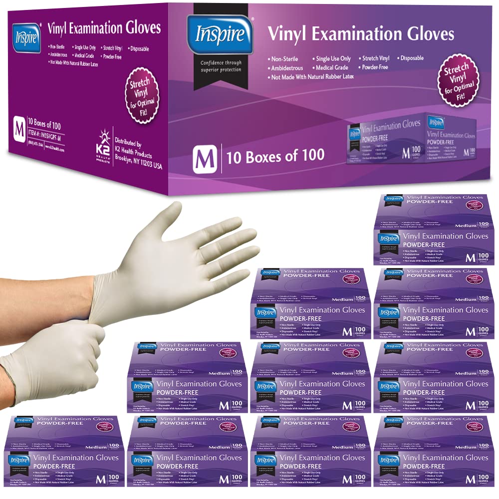 Inspire Stretch Vinyl Exam Gloves | THE ORIGINAL Quality Vinyl Gloves Disposable Latex Free Medical Gloves Cleaning Gloves