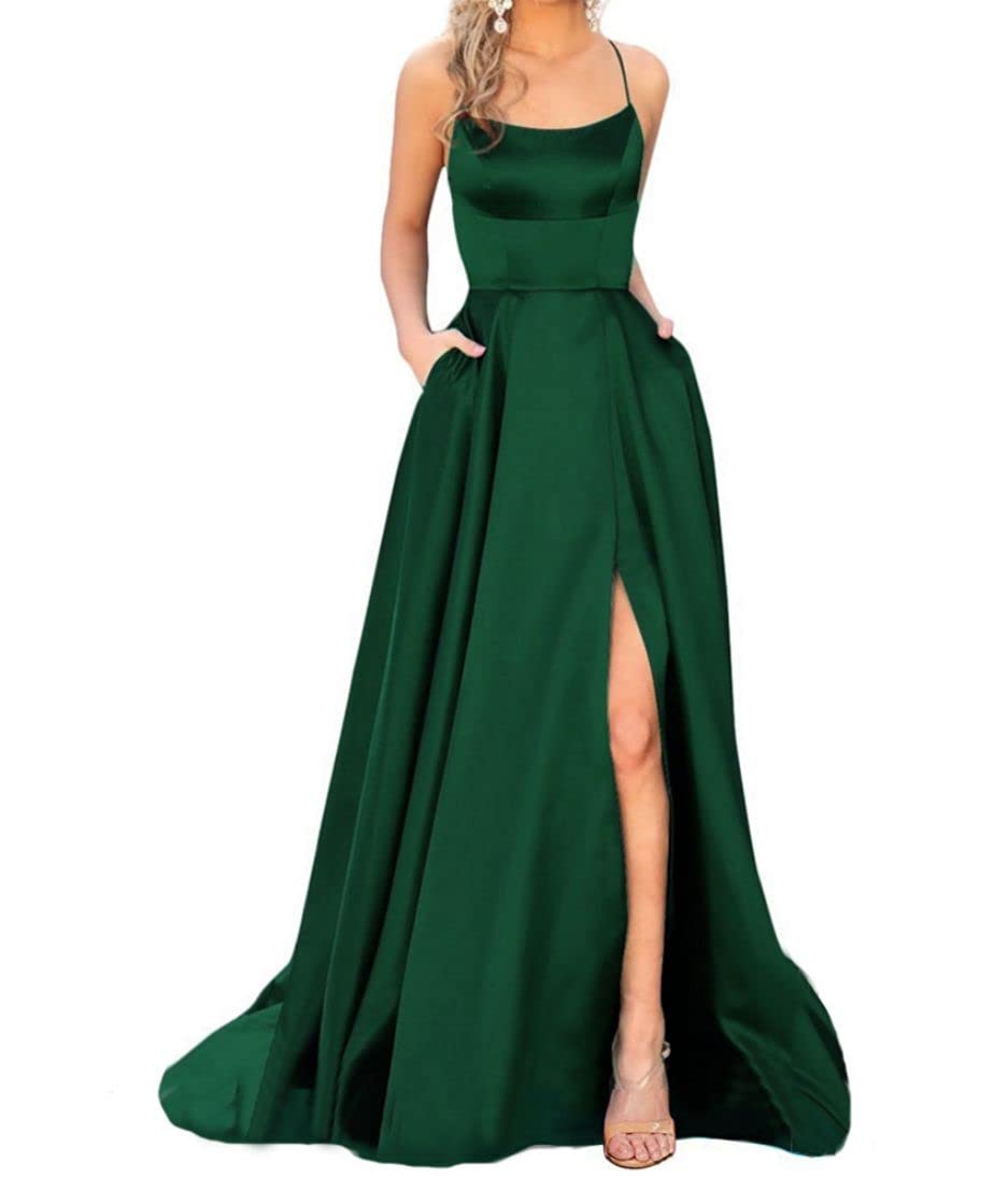 Women's Prom Dresses Long 2023 Satin Aline Slit Spaghetti Formal Evening Gowns with Pockets PM10