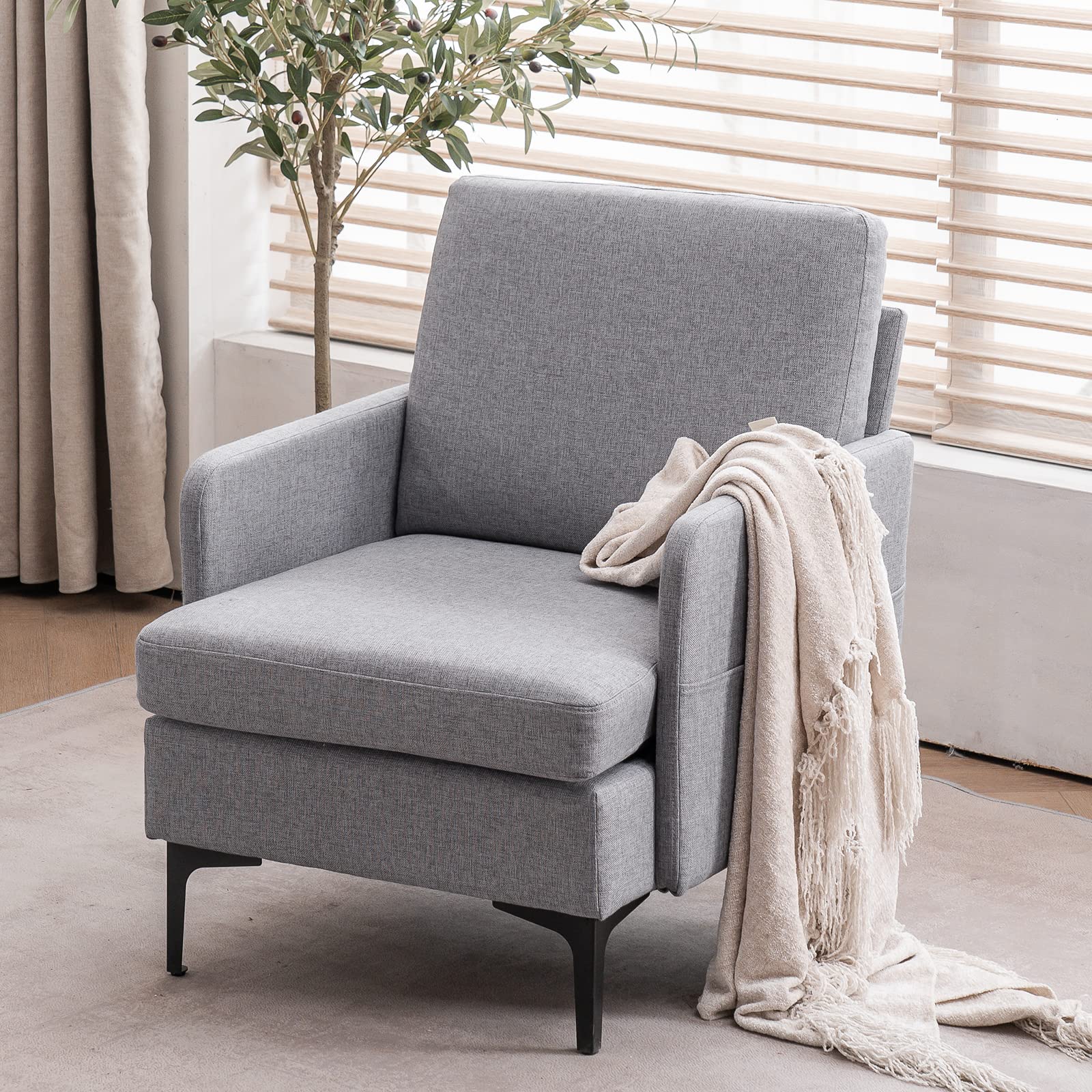 Modern Lounge Chair, Comfy Single Sofa Upholstered Accent Arm Chair, Indoor Leisure Chair for Bedroom Living Room Guestroom (Linen Light Gray)