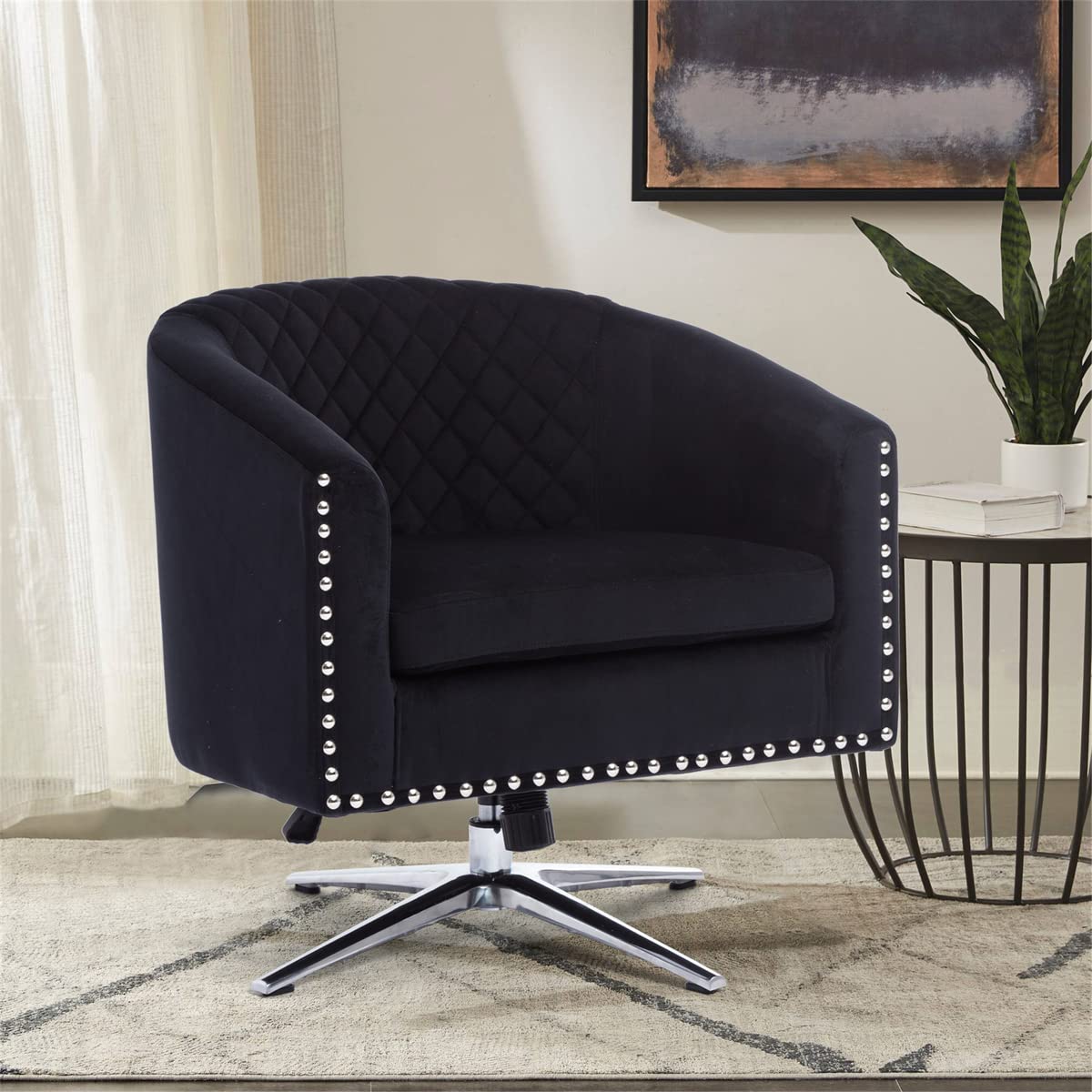 Swivel Barrel Chair,Velvet Accent Chair with Nailheads,Tufted Upholstered Living Room Chair,Wingback Armchair Club Chair with Metal Base,Comfy Lounge Chair Single Sofa Chair for Living Room,Black