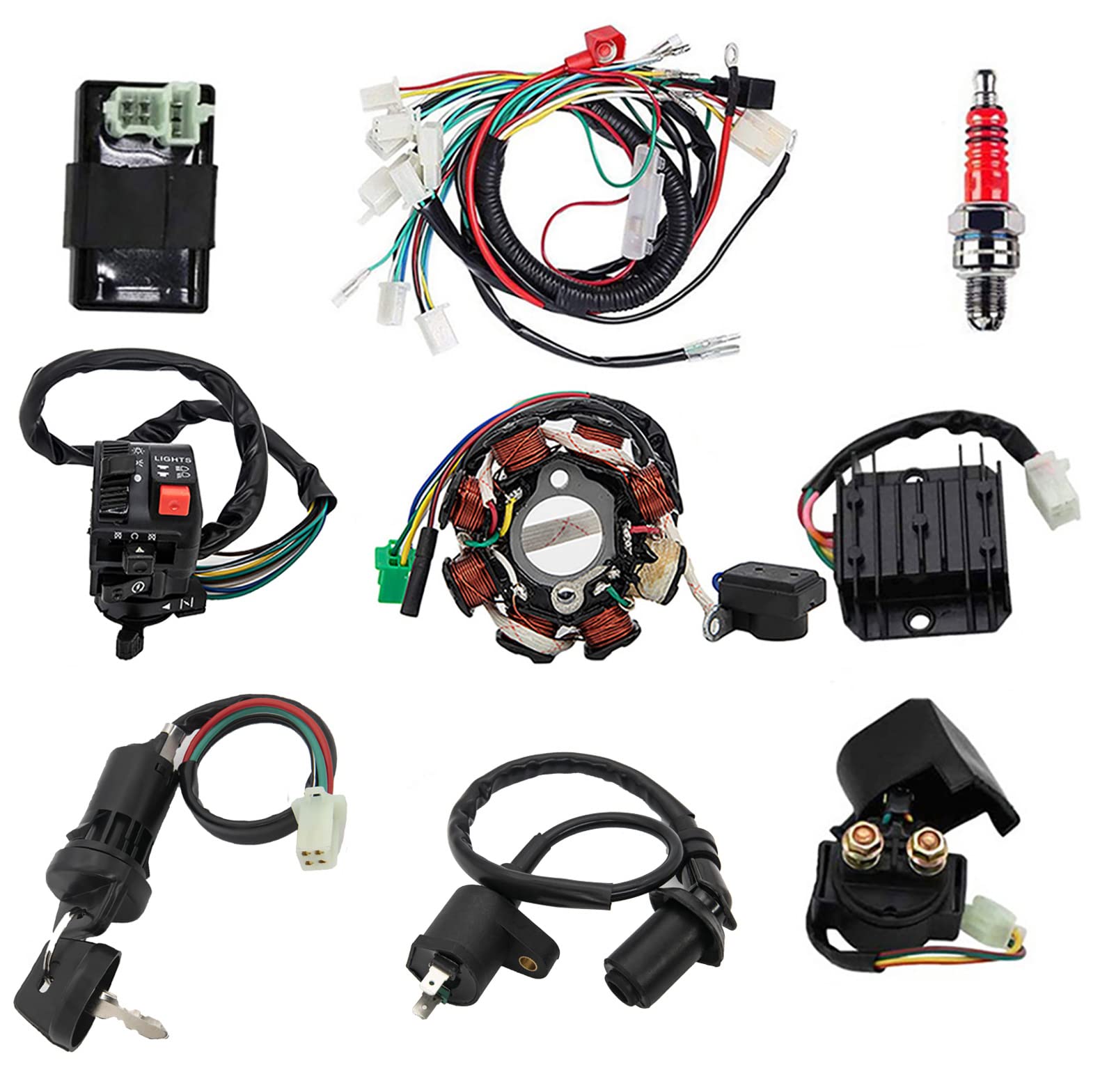 Complete Wiring Harness kit With Electrics Stator Coil CDI Wiring Harness Solenoid Relay Spark Plug For ATV Quad 4 Four Wheelers 150CC 200CC 250CC Go Kart Dirt Pit Bikes by KAKO