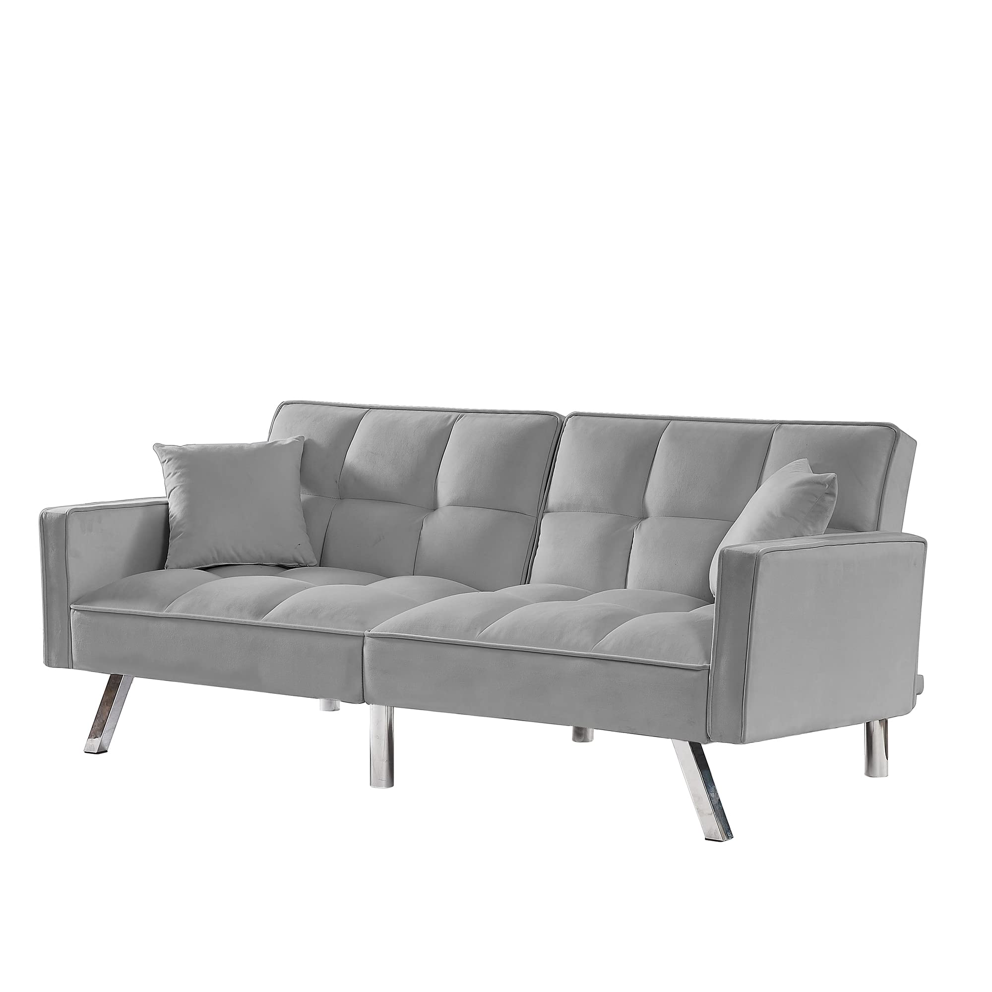 Modern Velvet Sofa Day Bed with armrests and 2 Pillows for Living Room and Bedroom. (Light Grey)